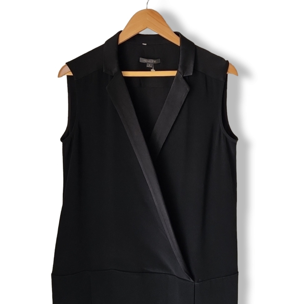 RACHEL ZOE Tuxedo Faux Wrap Shift Dress 8 M Satin Lapel Minimalist Black LBD - Picture 6 of 14